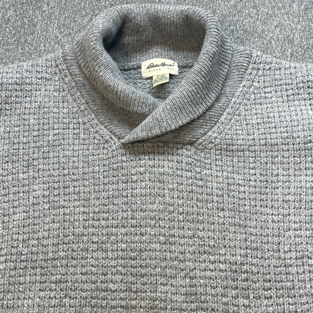 Eddie Bauer Mens‎ Shawl Collar Waffle Knit Sweater Medium Grey Wool 100%
